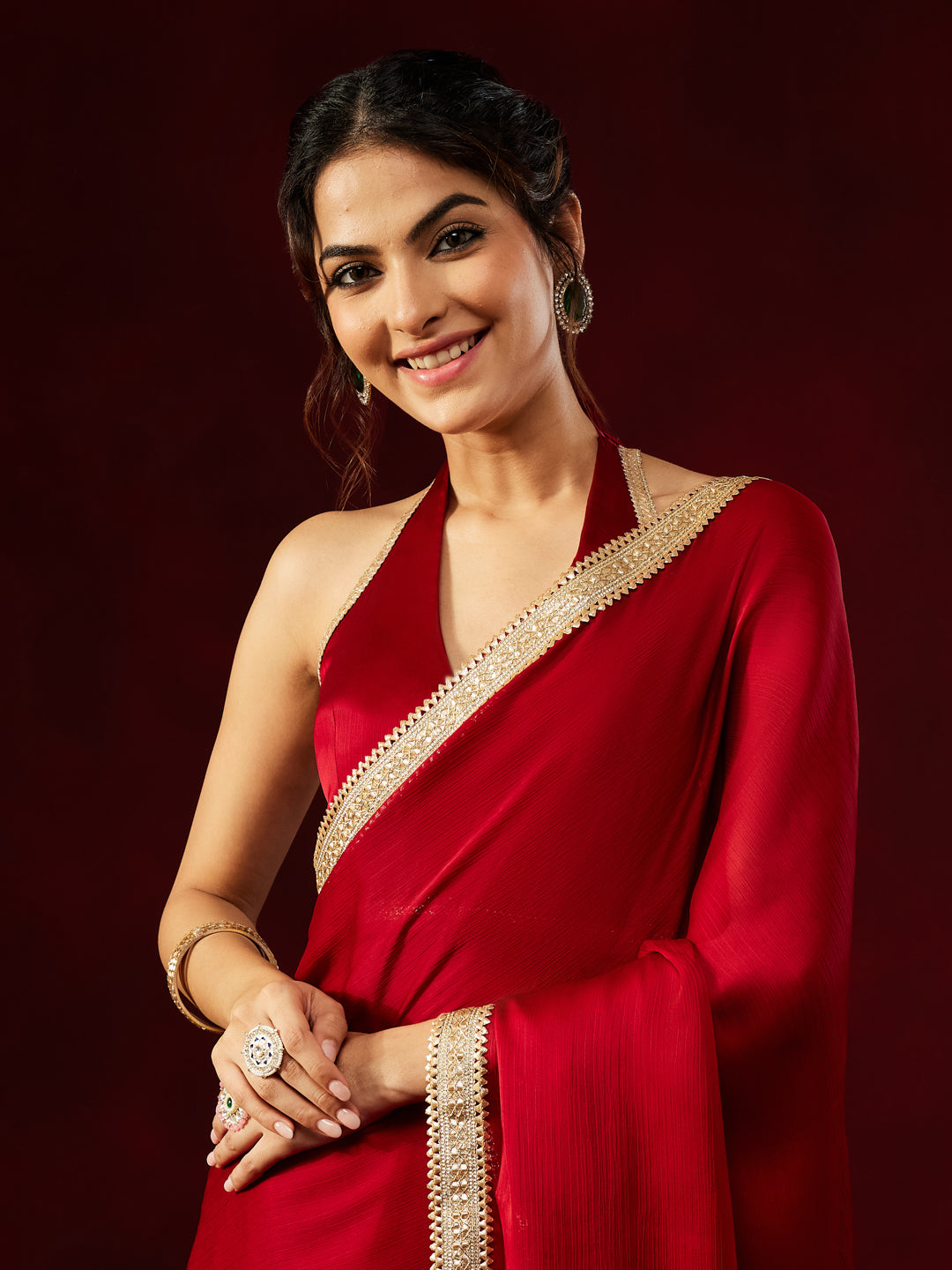 Ninnique Women's Red Silk Blend Ready To Wear Embellished Saree with Unstitched Blouse
