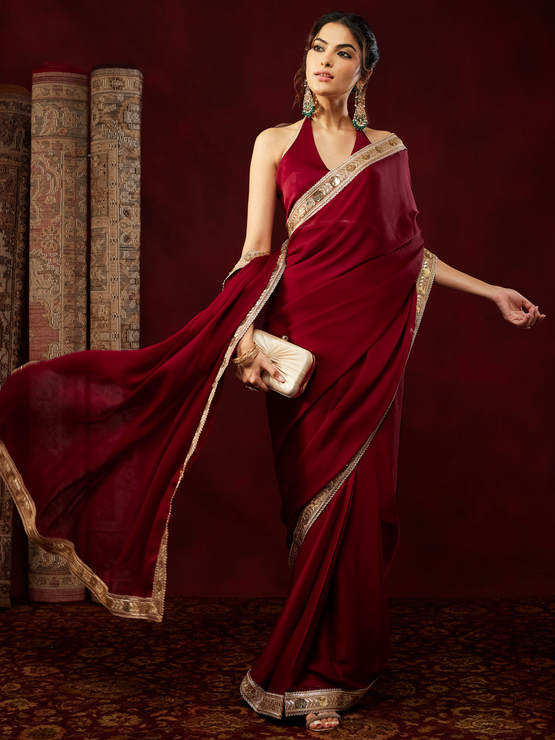Ninnique Women's Maroon Silk Blend Ready To Wear Embellished Saree with Unstitched Blouse