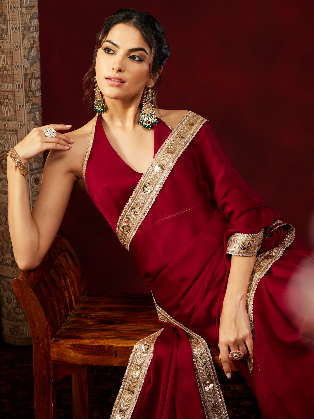 Ninnique Women's Maroon Silk Blend Ready To Wear Embellished Saree with Unstitched Blouse