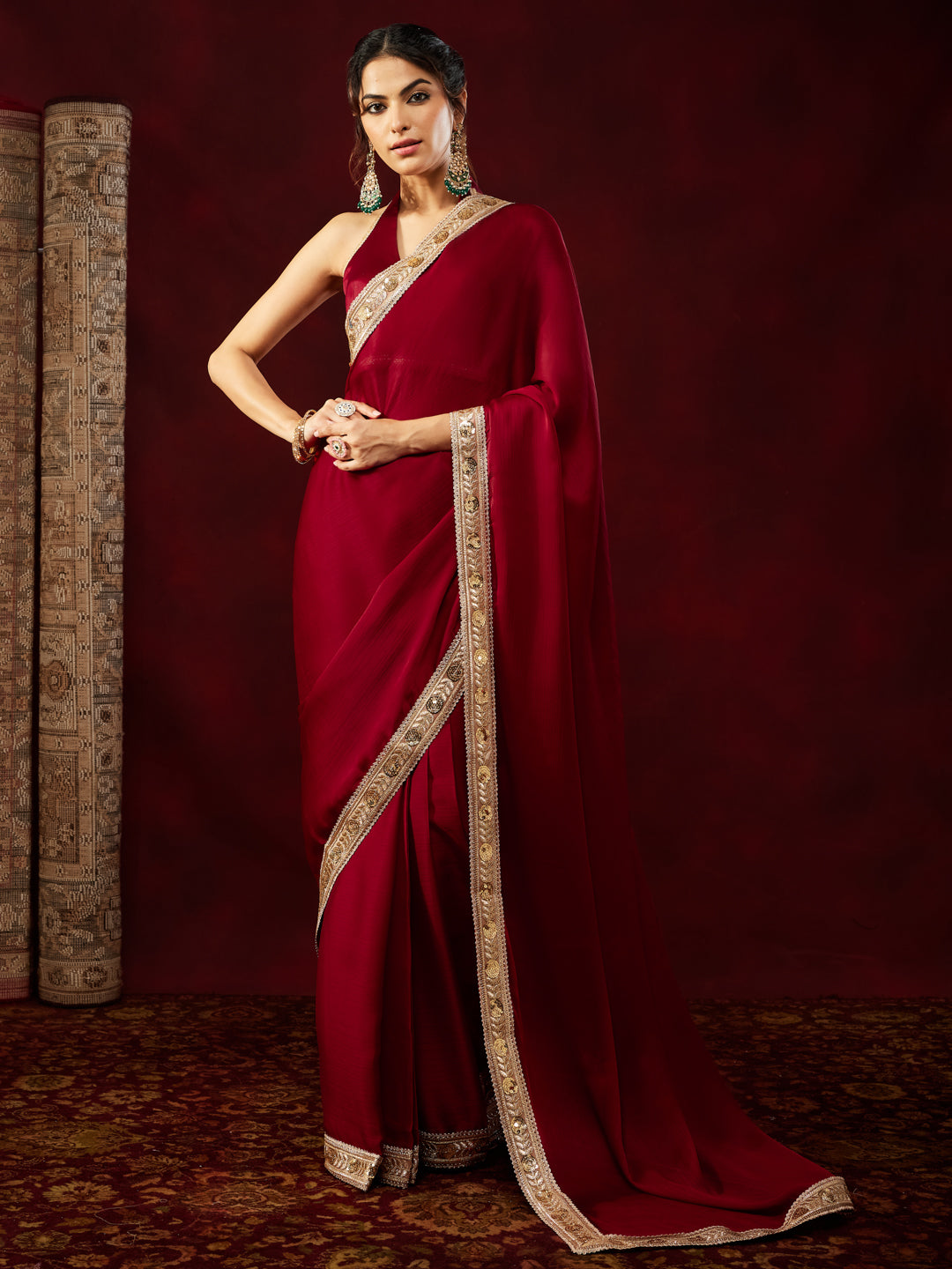 Ninnique Women's Maroon Silk Blend Ready To Wear Embellished Saree with Unstitched Blouse