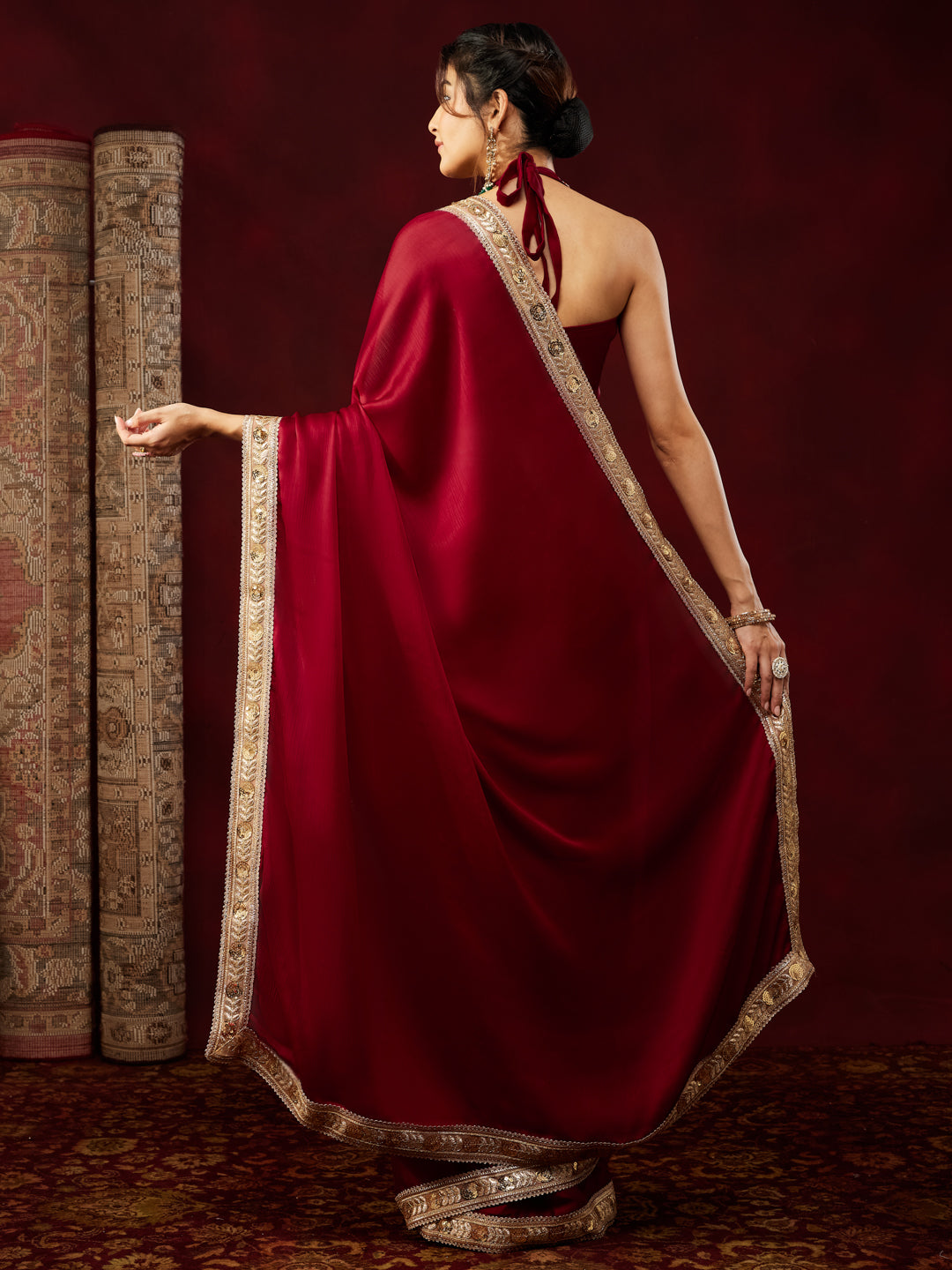 Ninnique Women's Maroon Silk Blend Ready To Wear Embellished Saree with Unstitched Blouse