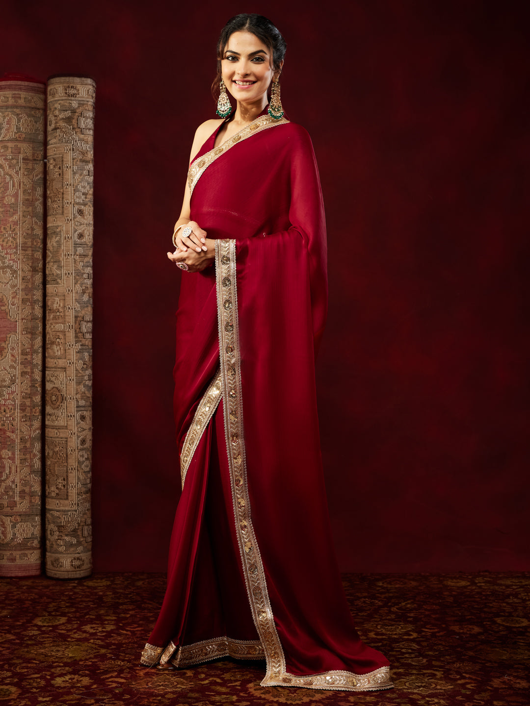 Ninnique Women's Maroon Silk Blend Ready To Wear Embellished Saree with Unstitched Blouse