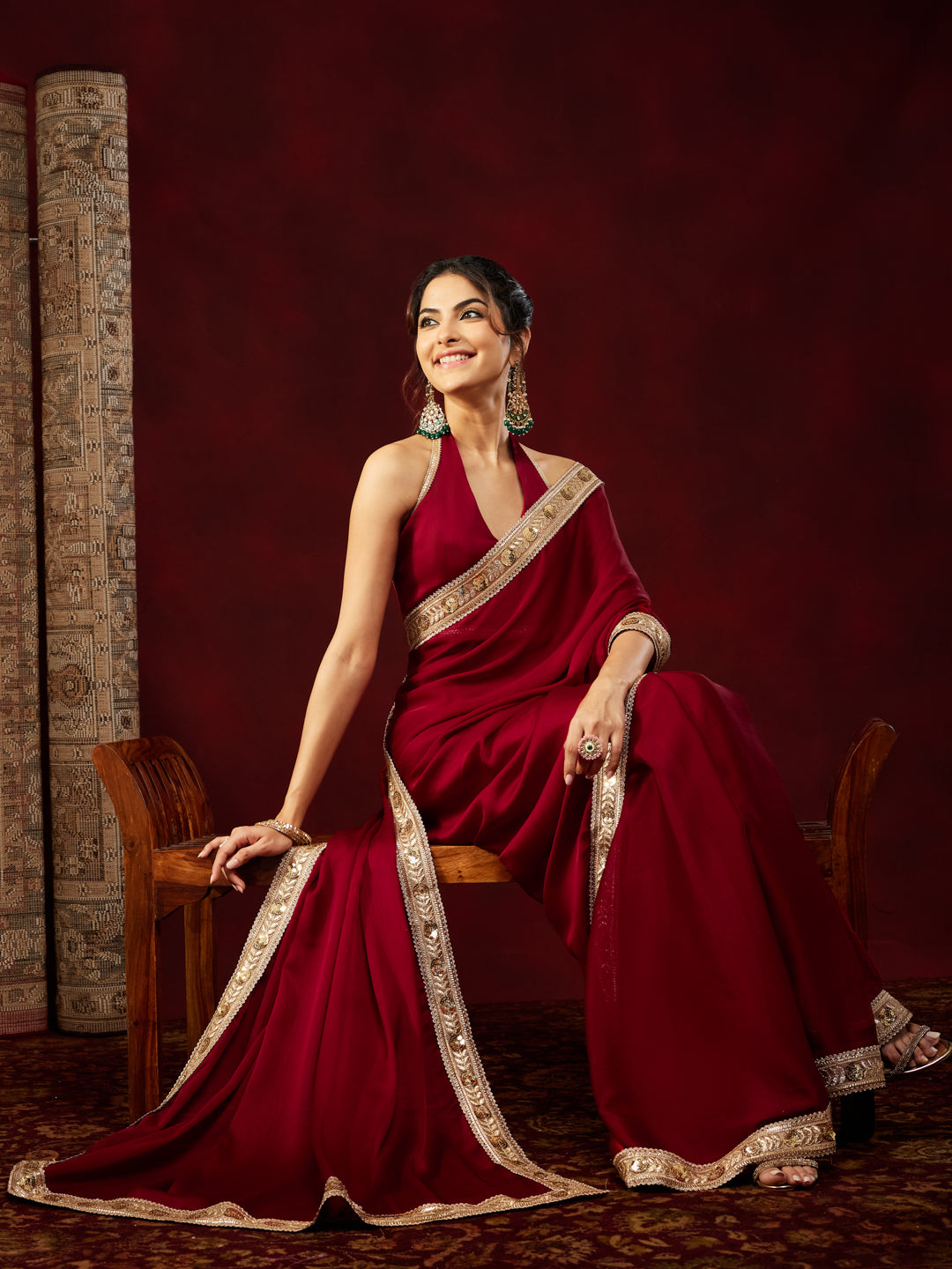 Ninnique Women's Maroon Silk Blend Ready To Wear Embellished Saree with Unstitched Blouse