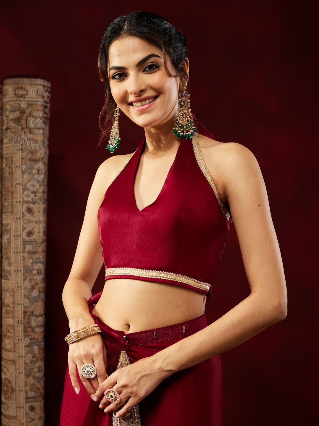 Ninnique Women's Maroon Silk Blend Ready To Wear Embellished Saree with Unstitched Blouse