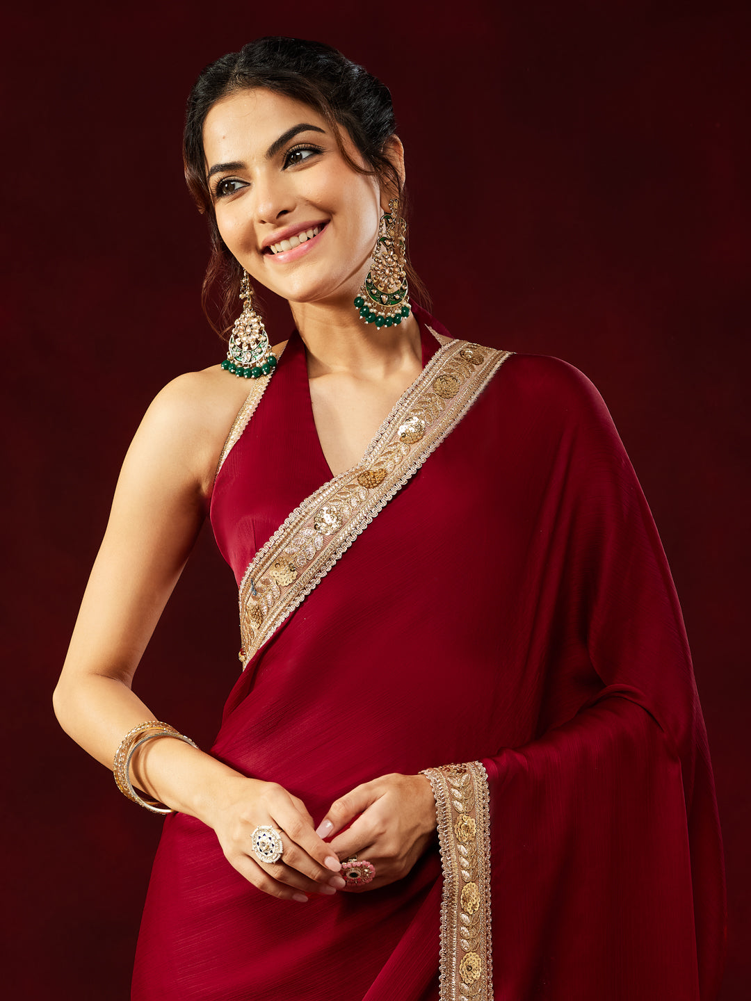Ninnique Women's Maroon Silk Blend Ready To Wear Embellished Saree with Unstitched Blouse