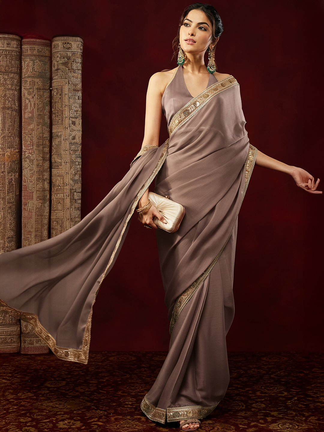 Ninnique Women's Light Brown Silk Blend Ready To Wear Embellished Saree with Unstitched Blouse