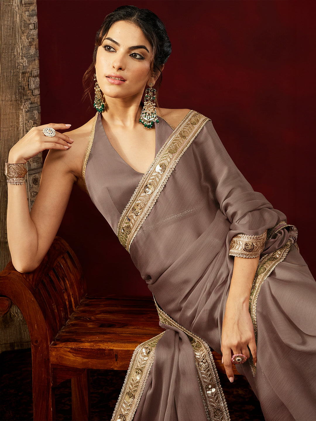 Ninnique Women's Light Brown Silk Blend Ready To Wear Embellished Saree with Unstitched Blouse