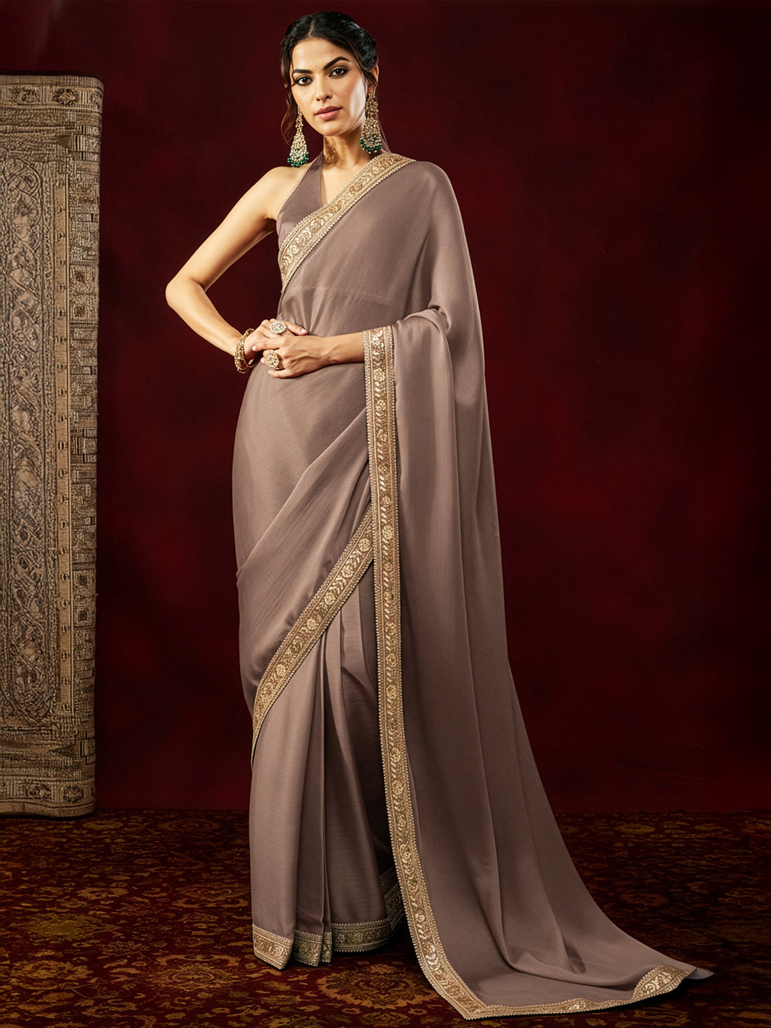 Ninnique Women's Light Brown Silk Blend Ready To Wear Embellished Saree with Unstitched Blouse