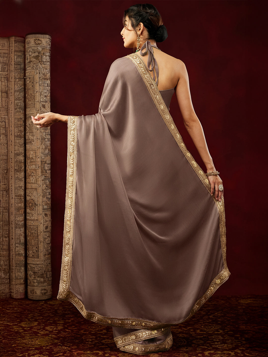 Ninnique Women's Light Brown Silk Blend Ready To Wear Embellished Saree with Unstitched Blouse