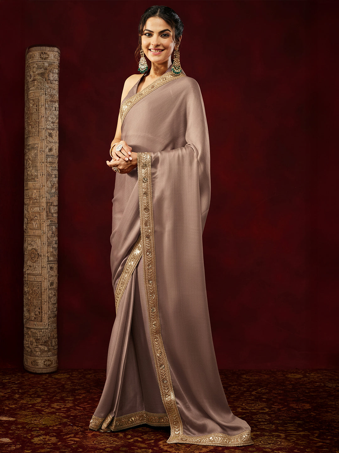Ninnique Women's Light Brown Silk Blend Ready To Wear Embellished Saree with Unstitched Blouse