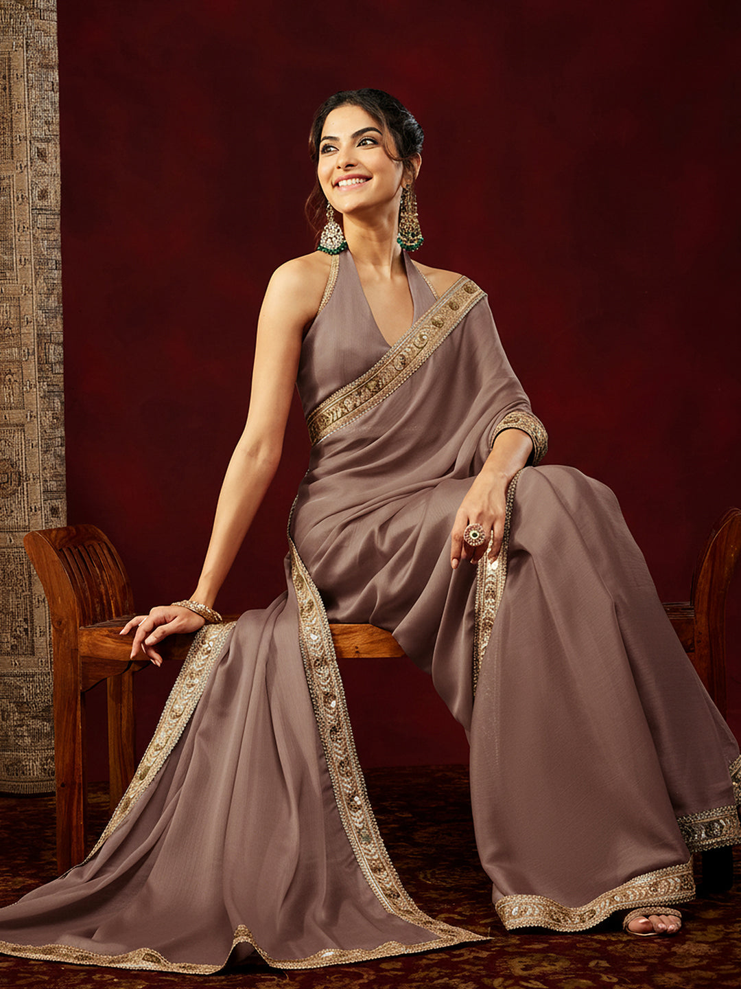 Ninnique Women's Light Brown Silk Blend Ready To Wear Embellished Saree with Unstitched Blouse
