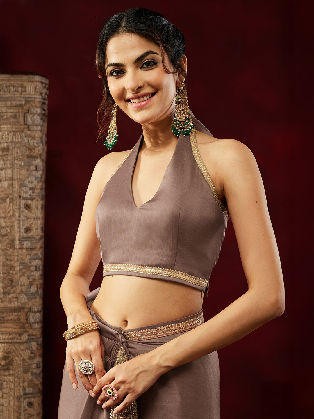Ninnique Women's Light Brown Silk Blend Ready To Wear Embellished Saree with Unstitched Blouse