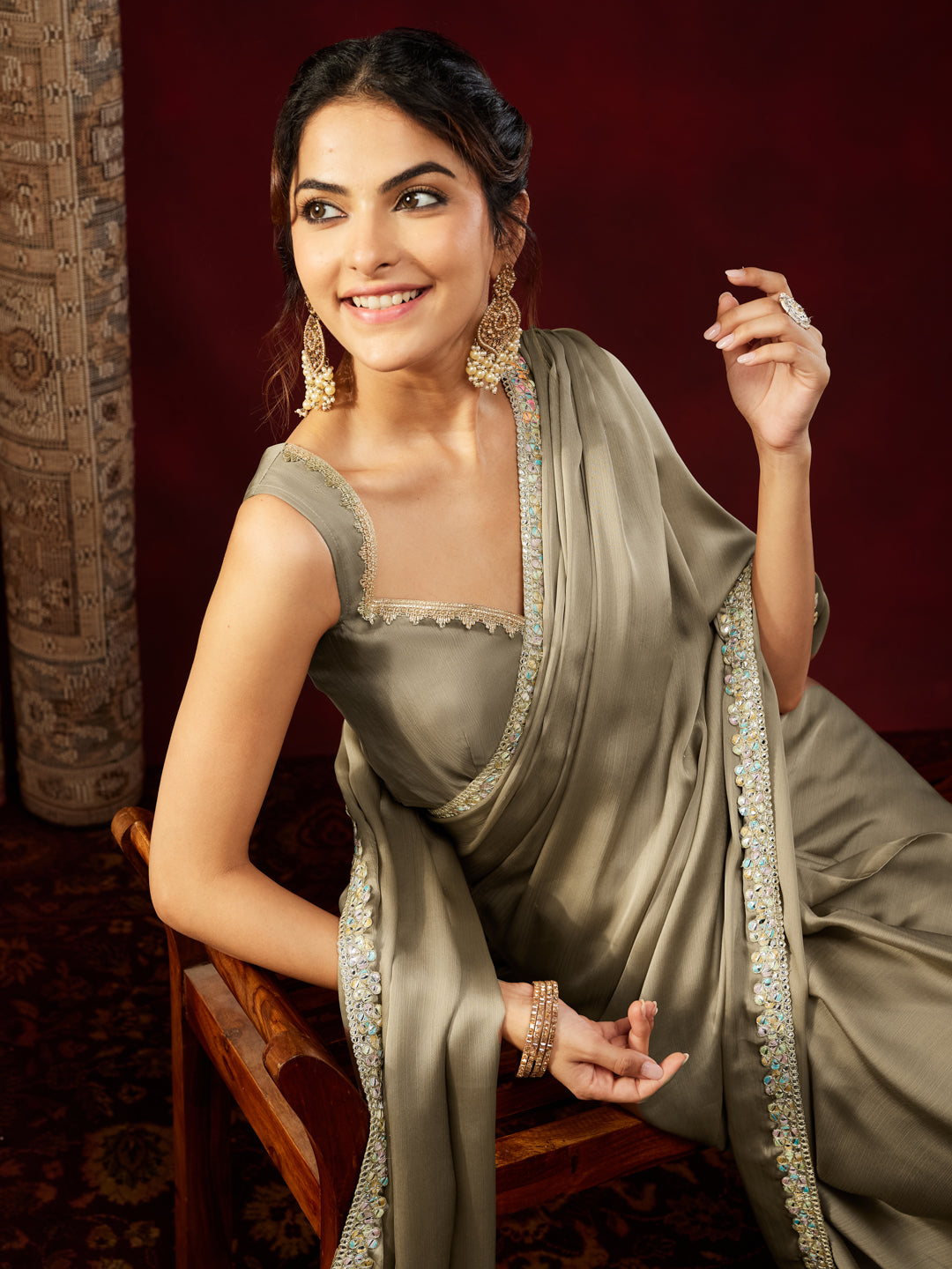 Ninnique Women's Champagne Silk Blend Ready To Wear Embellished Saree with Unstitched Blouse
