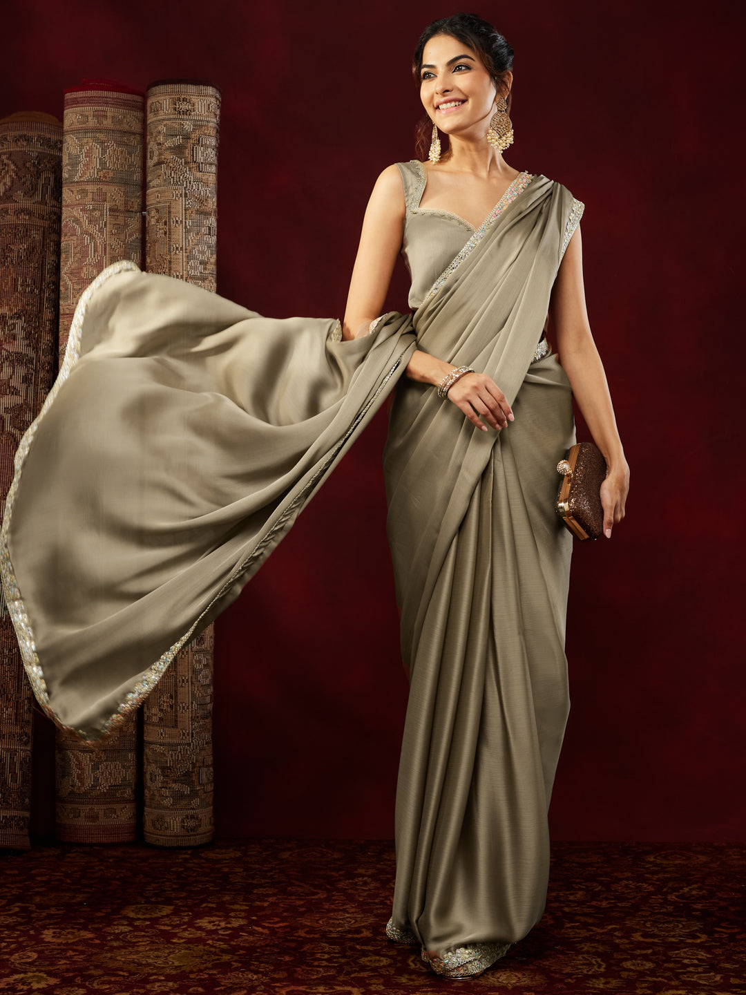 Ninnique Women's Champagne Silk Blend Ready To Wear Embellished Saree with Unstitched Blouse