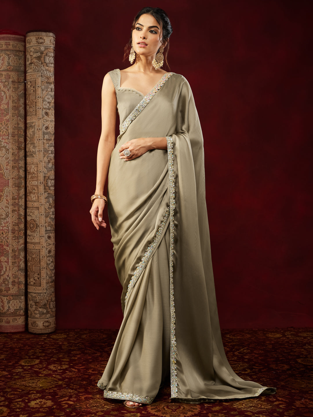 Ninnique Women's Champagne Silk Blend Ready To Wear Embellished Saree with Unstitched Blouse