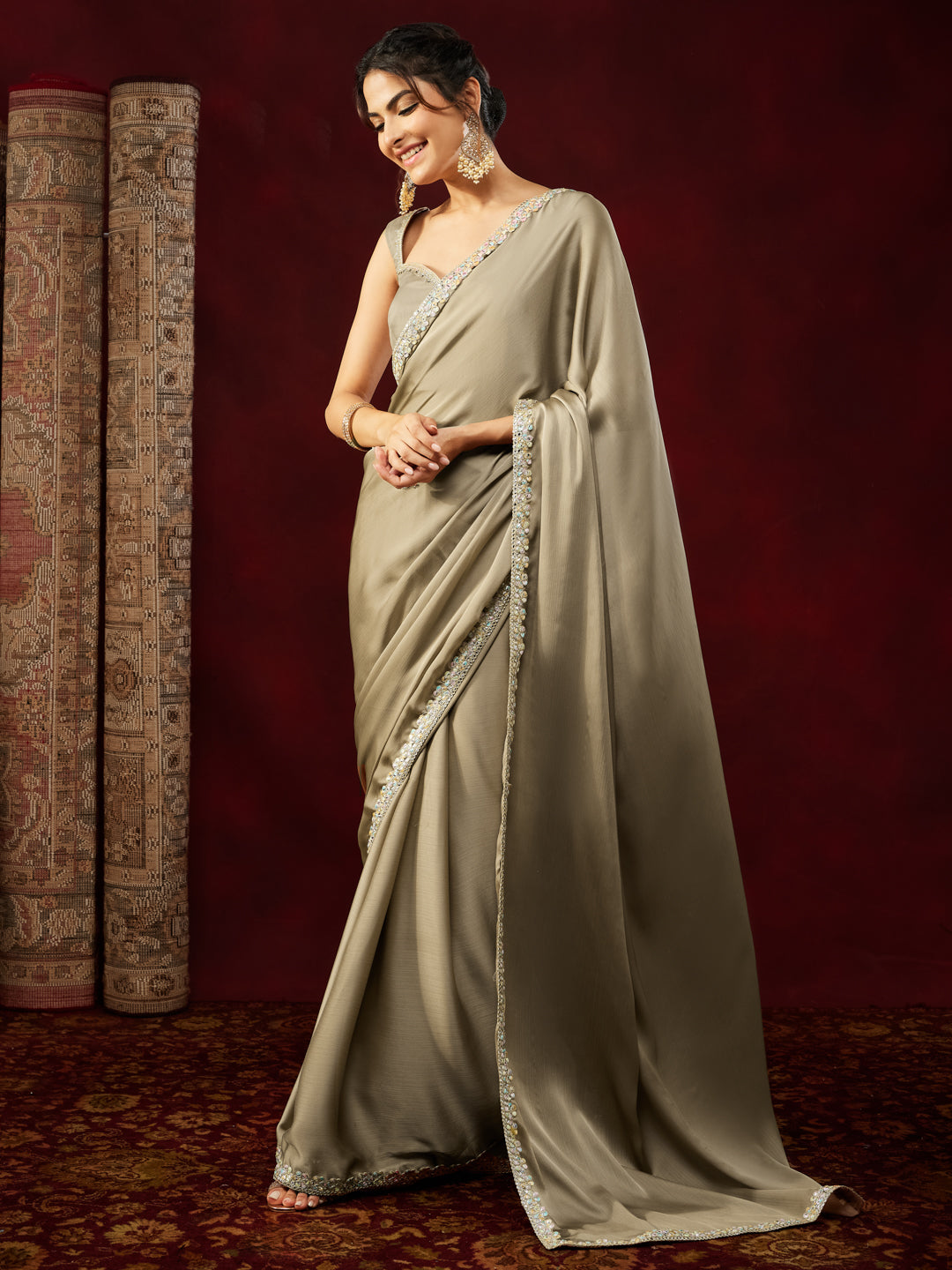 Ninnique Women's Champagne Silk Blend Ready To Wear Embellished Saree with Unstitched Blouse
