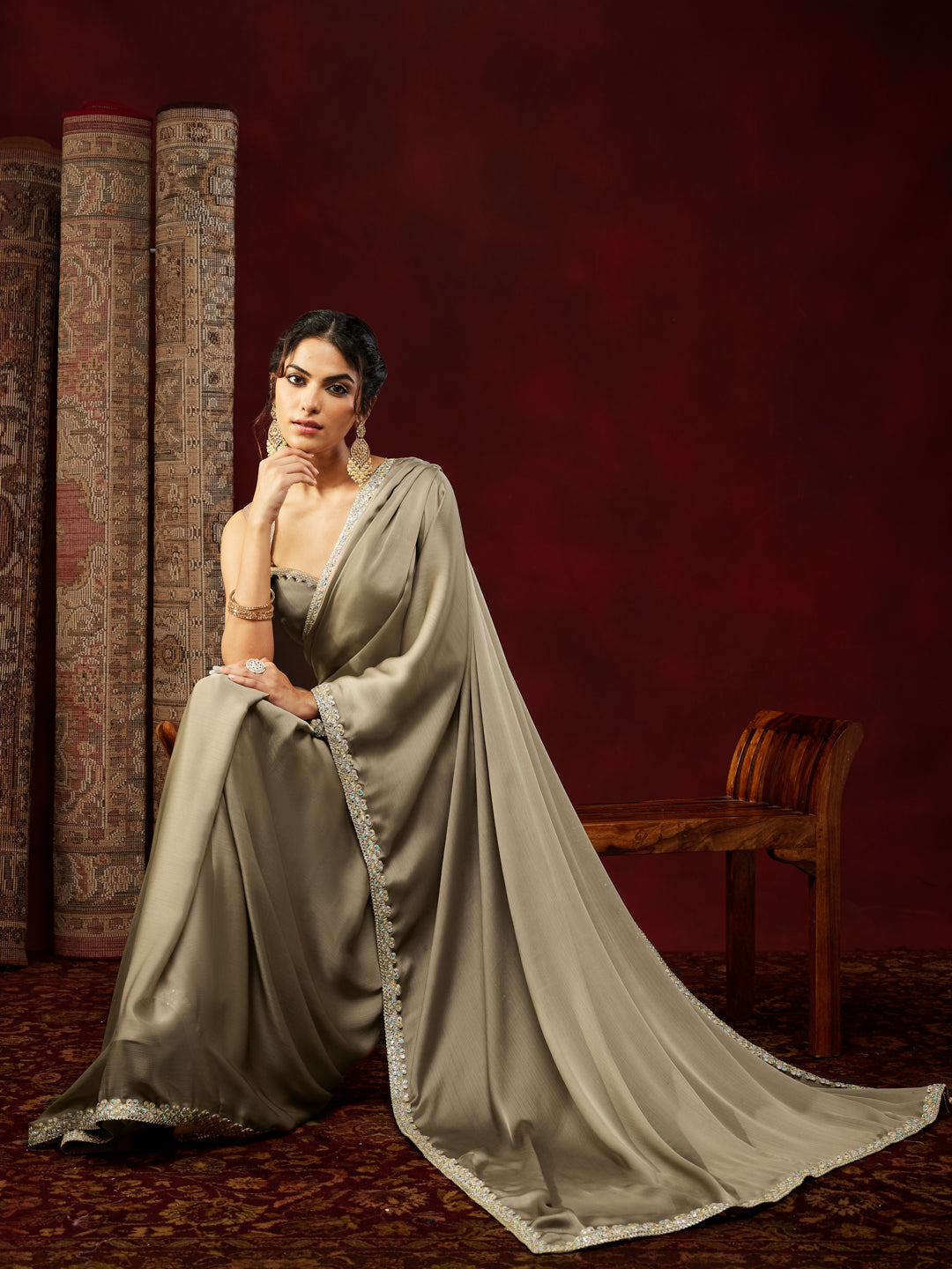 Ninnique Women's Champagne Silk Blend Ready To Wear Embellished Saree with Unstitched Blouse
