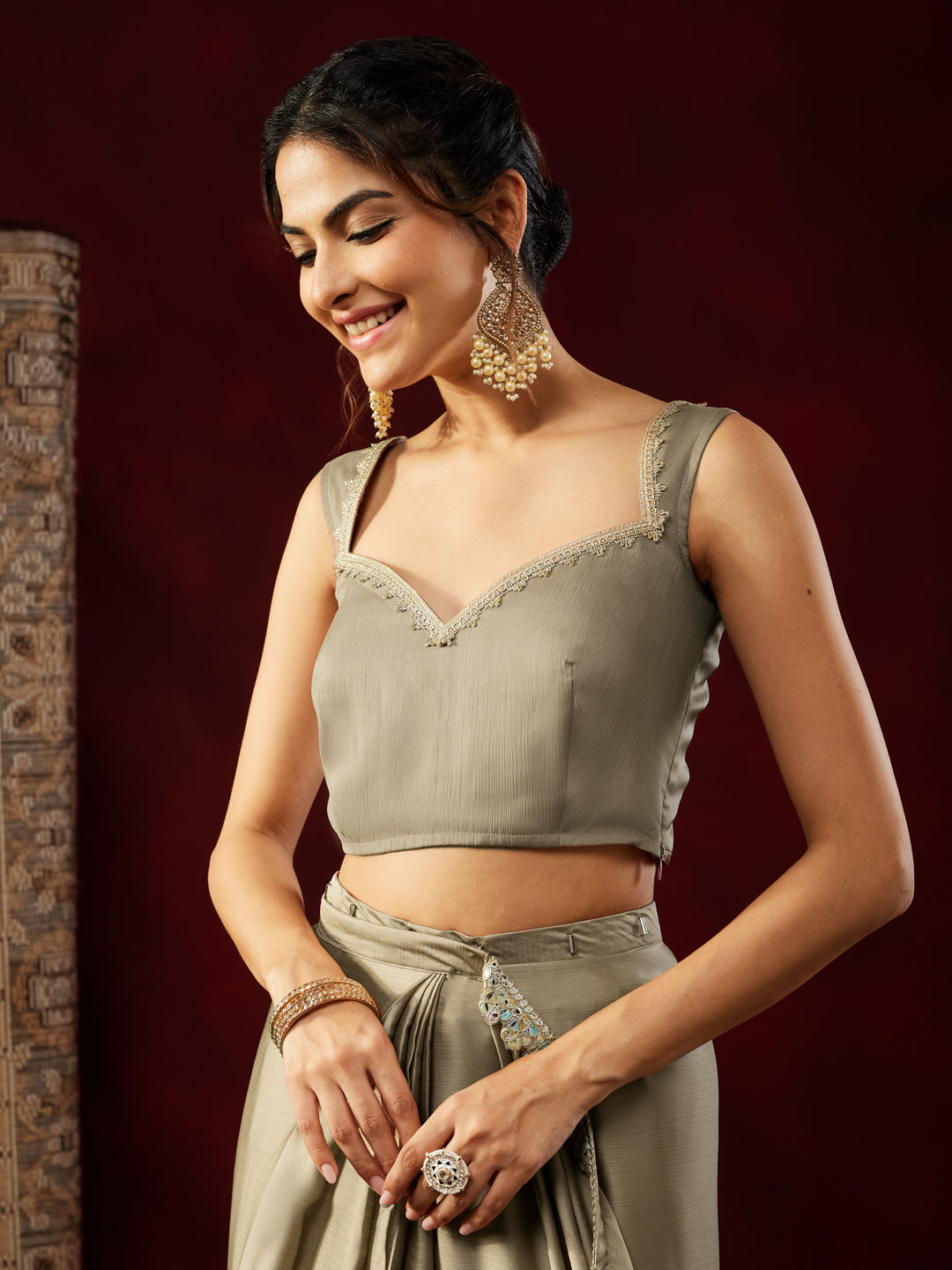 Ninnique Women's Champagne Silk Blend Ready To Wear Embellished Saree with Unstitched Blouse