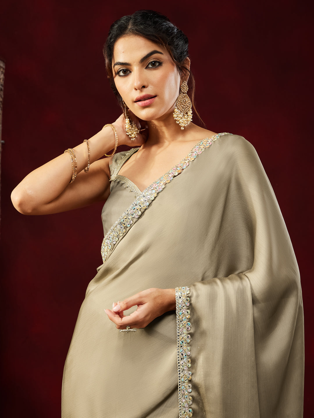 Ninnique Women's Champagne Silk Blend Ready To Wear Embellished Saree with Unstitched Blouse