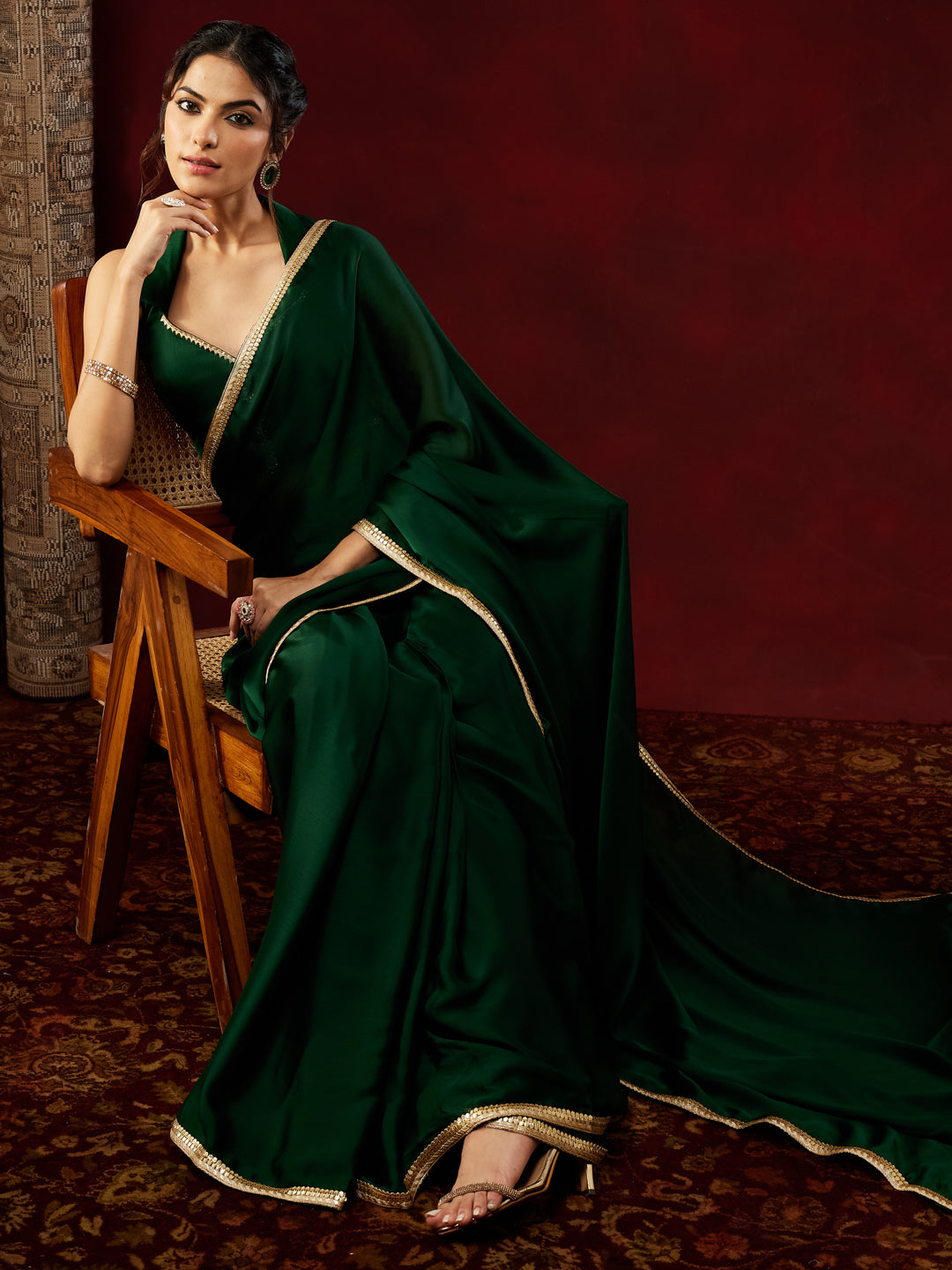 Ninnique Women's Dark Green Silk Blend Ready To Wear Embellished Saree with Unstitched Blouse