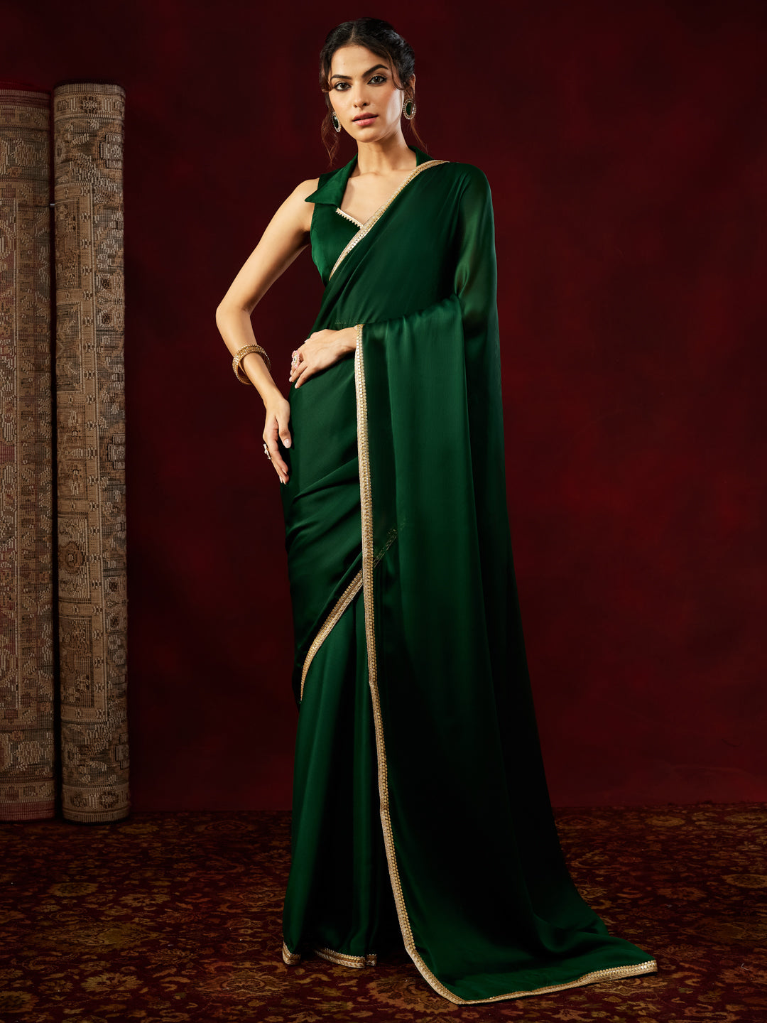 Ninnique Women's Dark Green Silk Blend Ready To Wear Embellished Saree with Unstitched Blouse