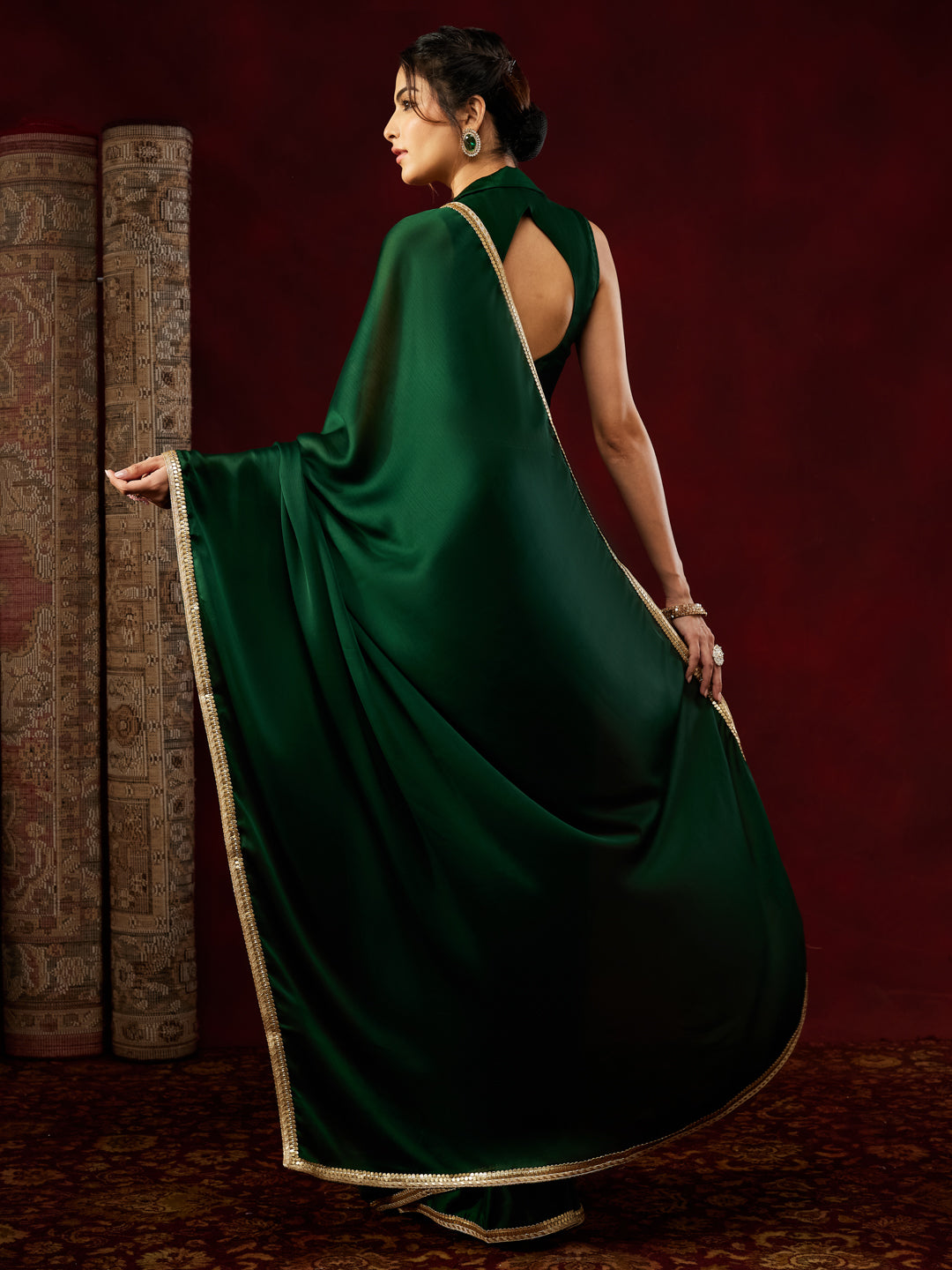 Ninnique Women's Dark Green Silk Blend Ready To Wear Embellished Saree with Unstitched Blouse