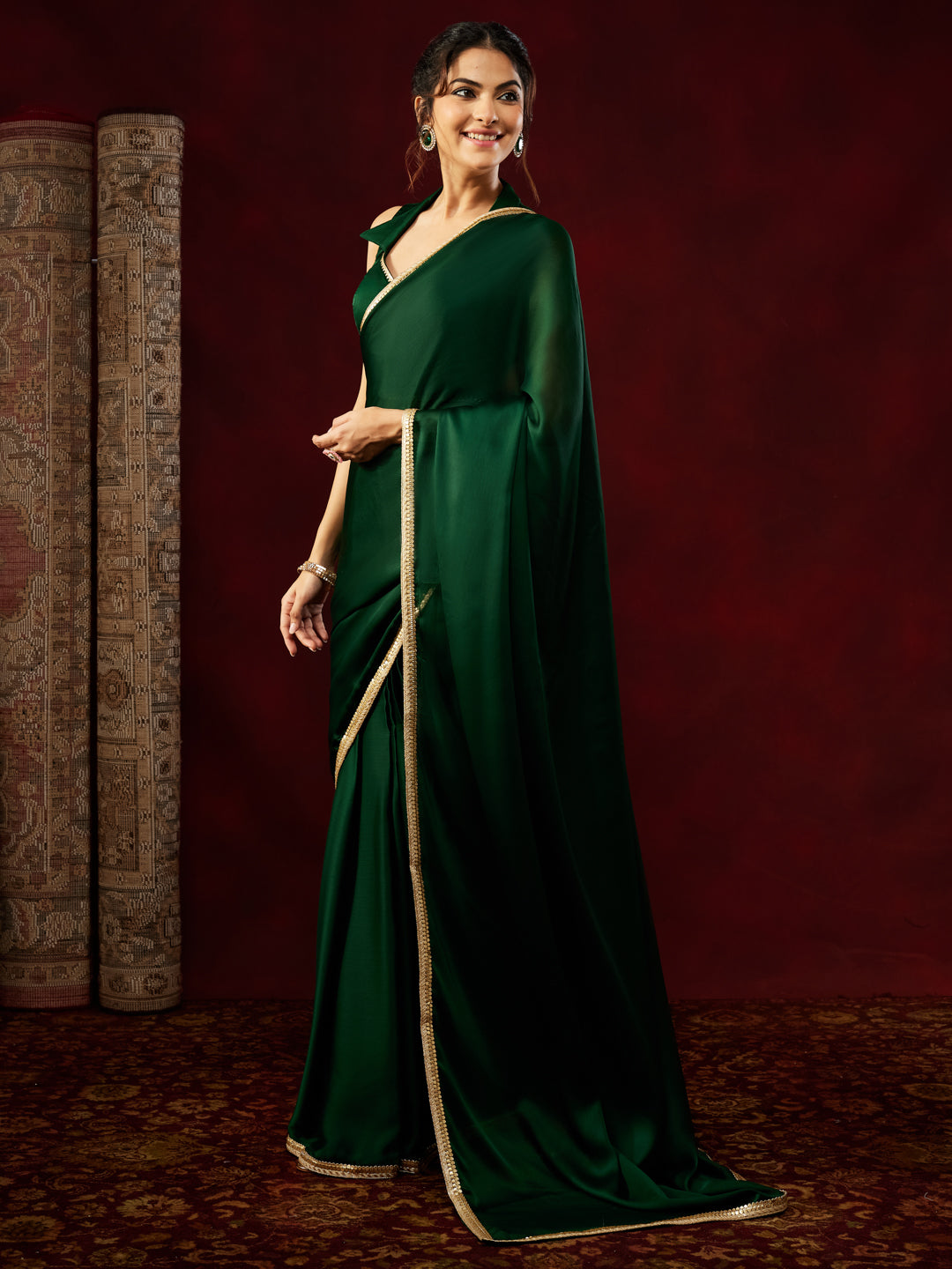 Ninnique Women's Dark Green Silk Blend Ready To Wear Embellished Saree with Unstitched Blouse