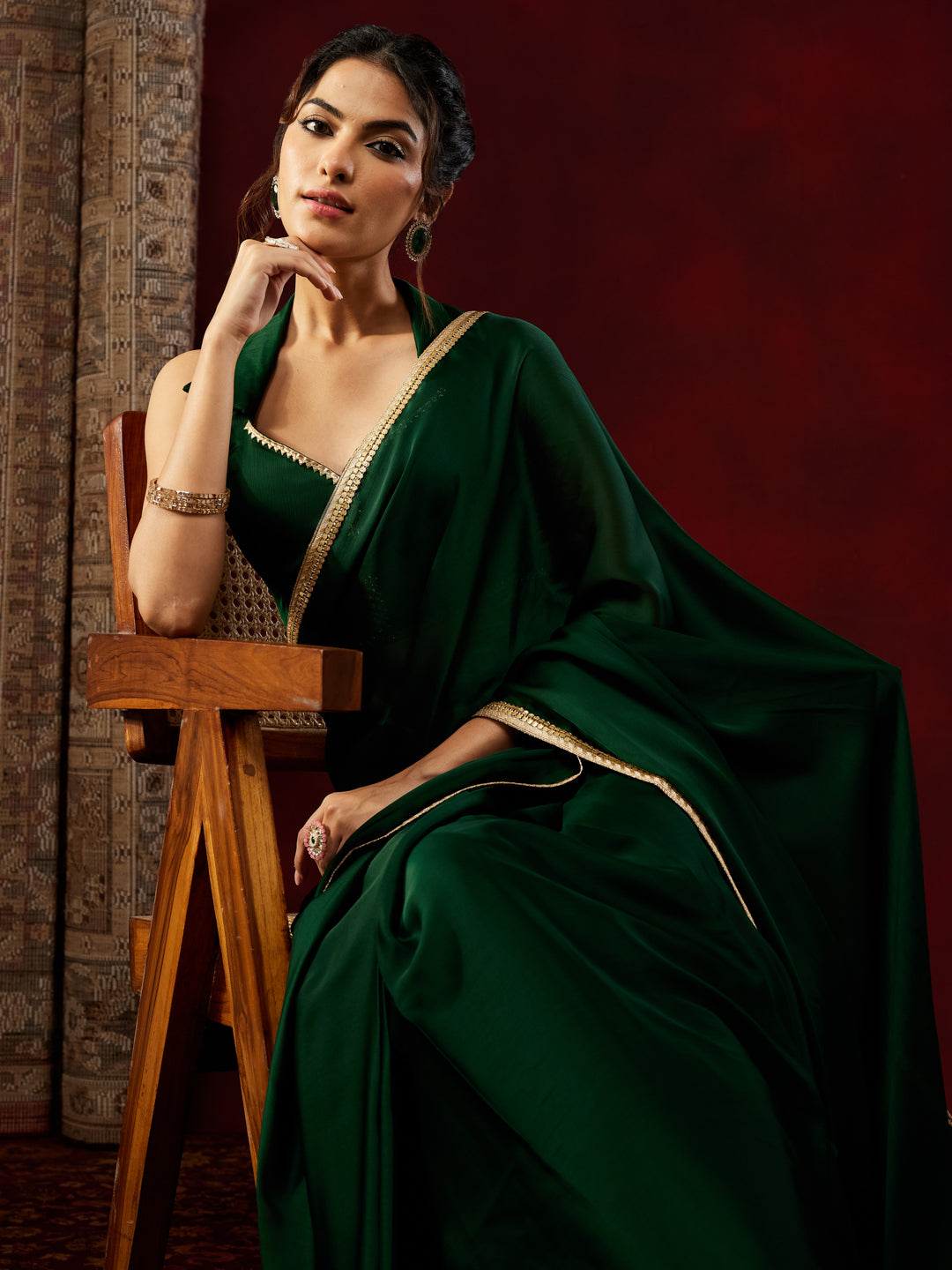 Ninnique Women's Dark Green Silk Blend Ready To Wear Embellished Saree with Unstitched Blouse