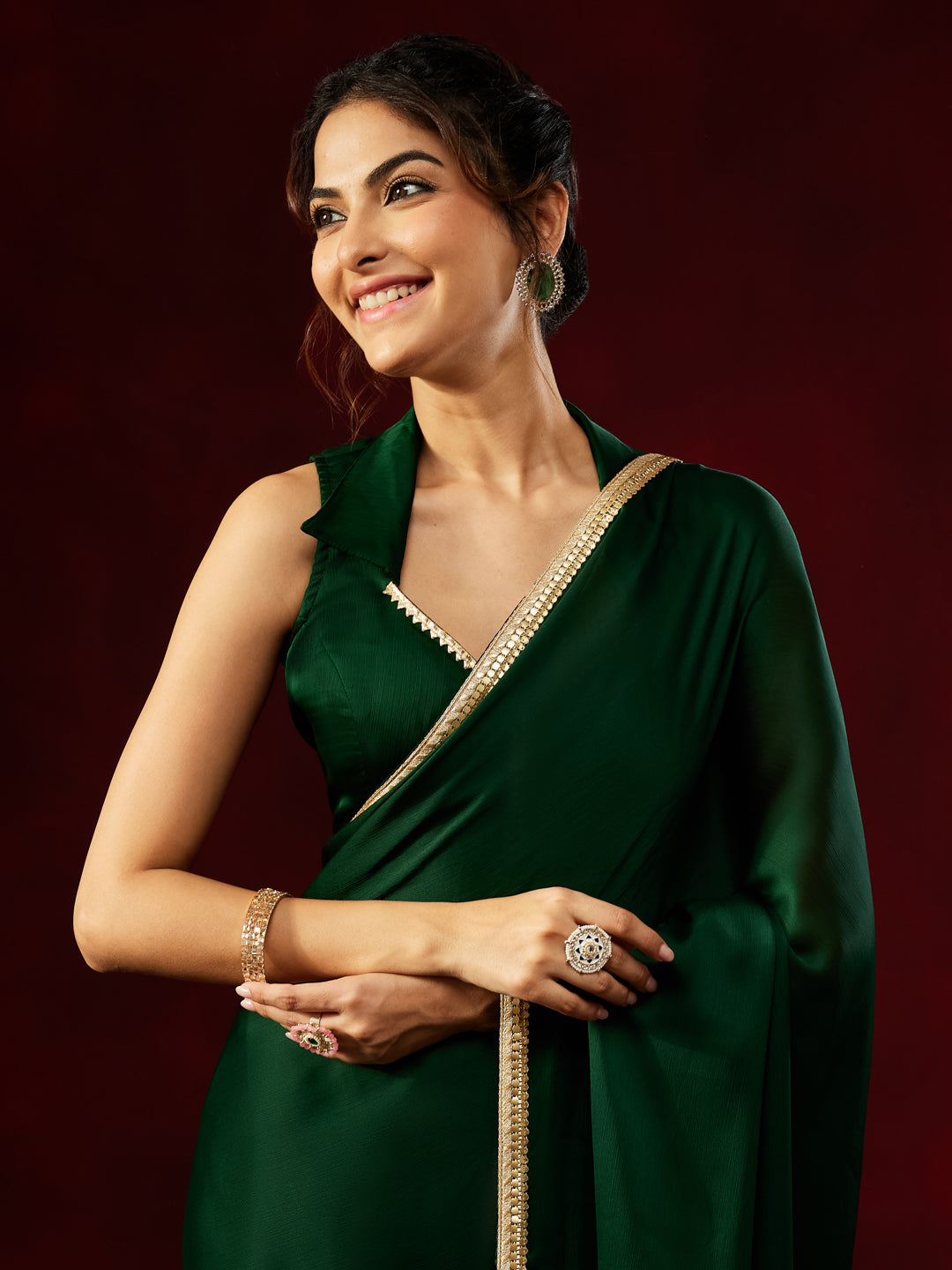 Ninnique Women's Dark Green Silk Blend Ready To Wear Embellished Saree with Unstitched Blouse