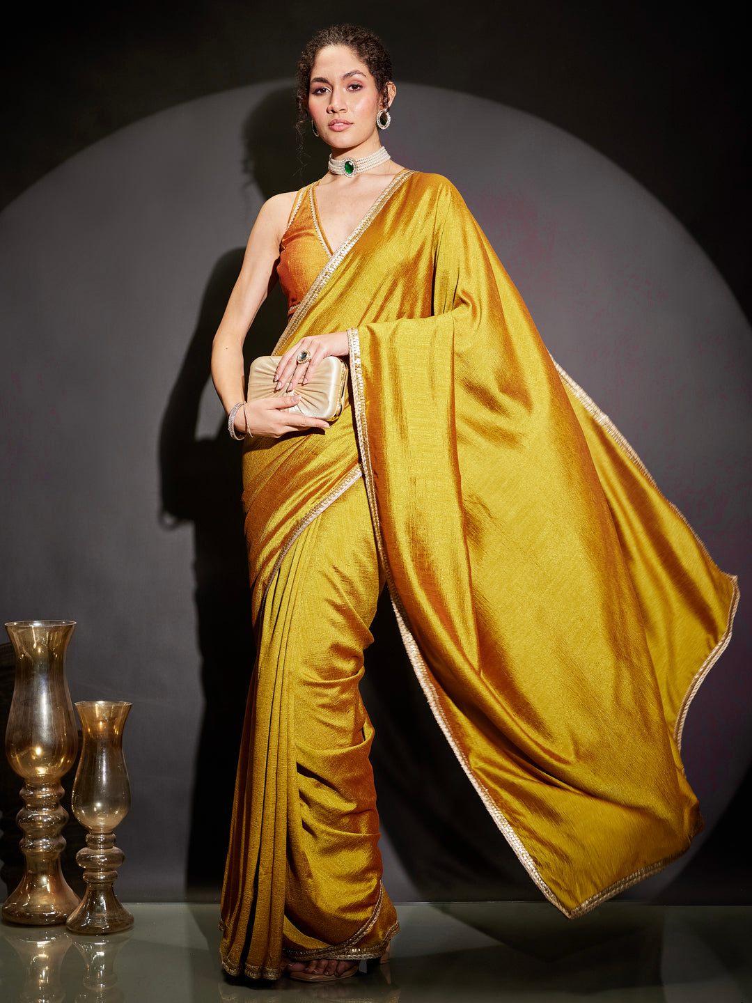 Ninnique Women's Mustard Silk Blend Ready To Wear Embellished Saree with Unstitched Blouse