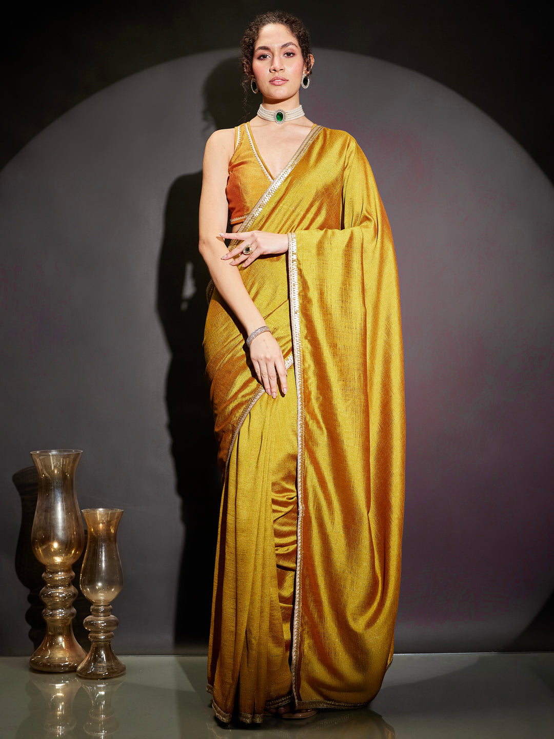 Ninnique Women's Mustard Silk Blend Ready To Wear Embellished Saree with Unstitched Blouse