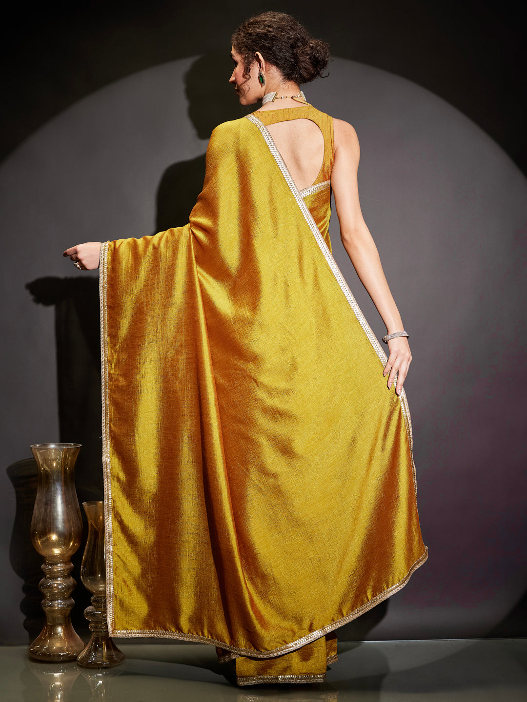 Ninnique Women's Mustard Silk Blend Ready To Wear Embellished Saree with Unstitched Blouse