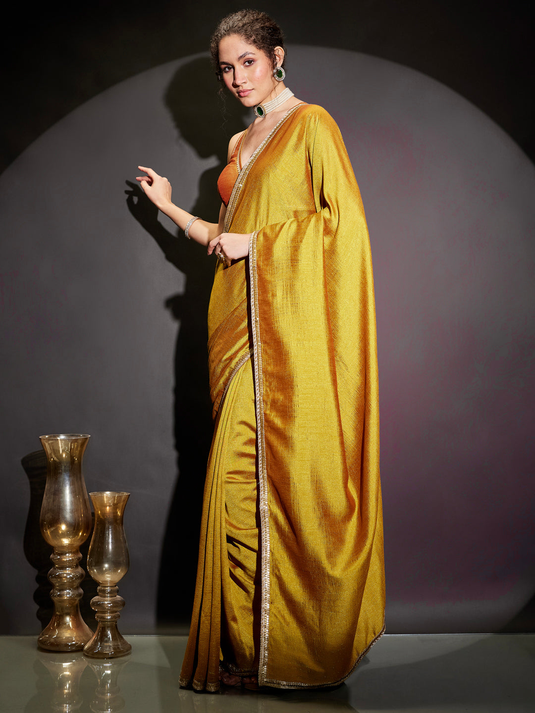 Ninnique Women's Mustard Silk Blend Ready To Wear Embellished Saree with Unstitched Blouse