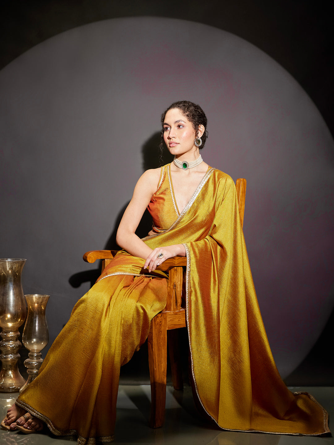 Ninnique Women's Mustard Silk Blend Ready To Wear Embellished Saree with Unstitched Blouse