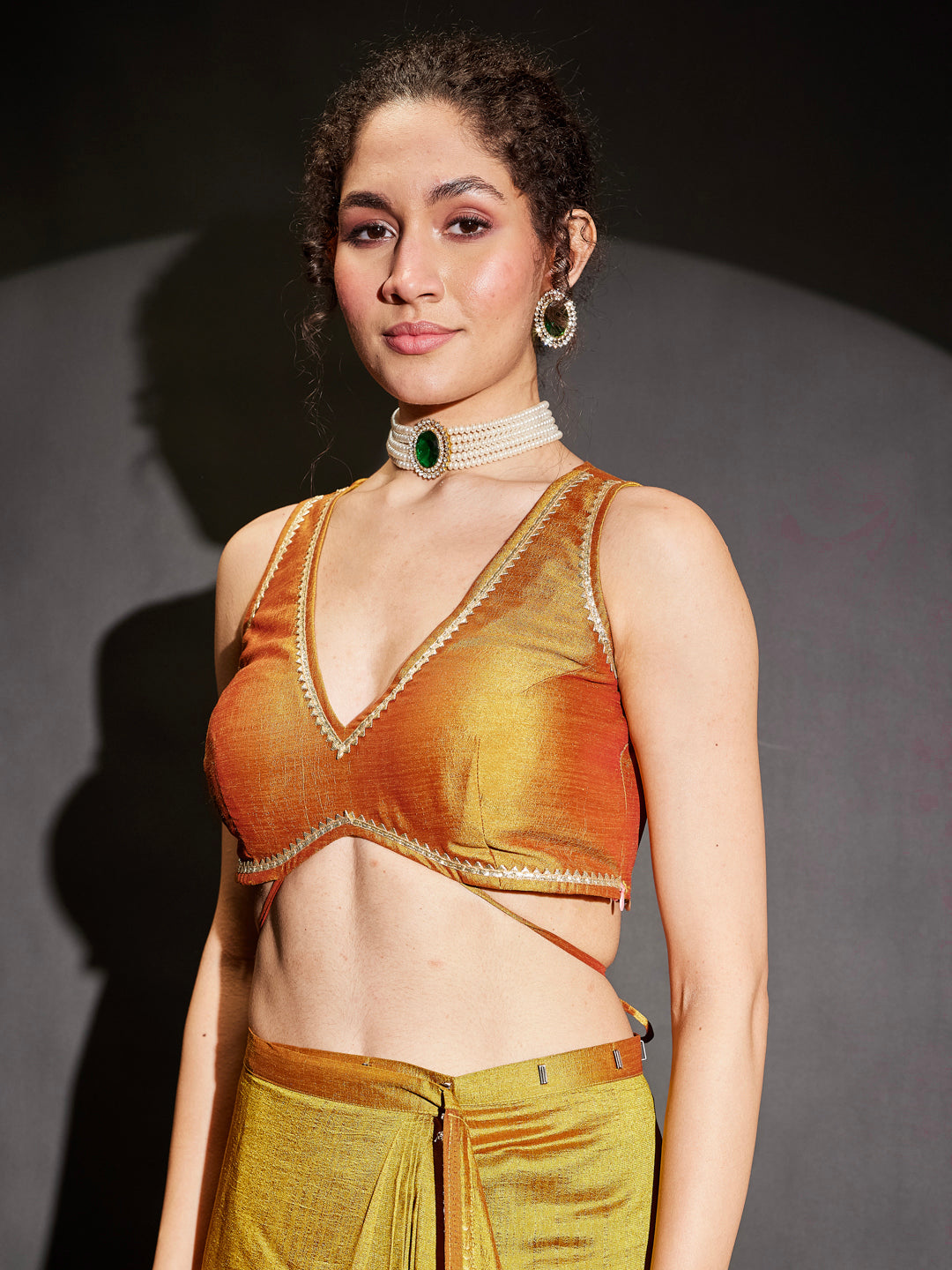Ninnique Women's Mustard Silk Blend Ready To Wear Embellished Saree with Unstitched Blouse