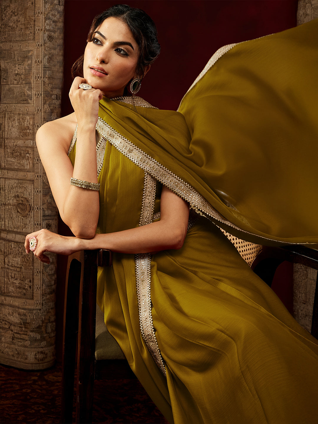 Ninnique Women's Mustard Silk Blend Ready To Wear Embellished Saree with Unstitched Blouse