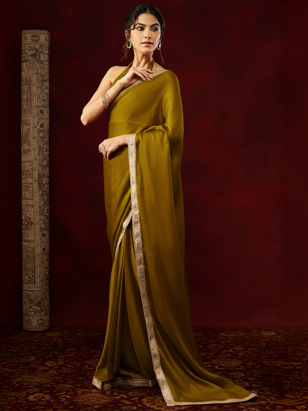 Ninnique Women's Mustard Silk Blend Ready To Wear Embellished Saree with Unstitched Blouse