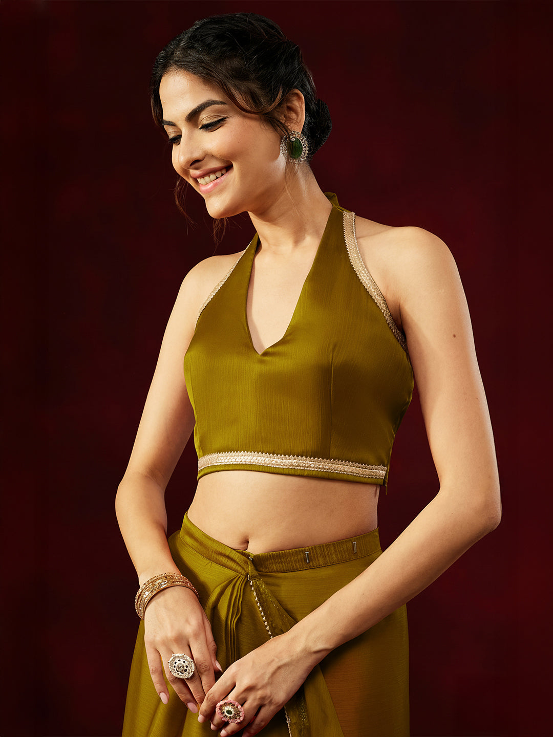 Ninnique Women's Mustard Silk Blend Ready To Wear Embellished Saree with Unstitched Blouse