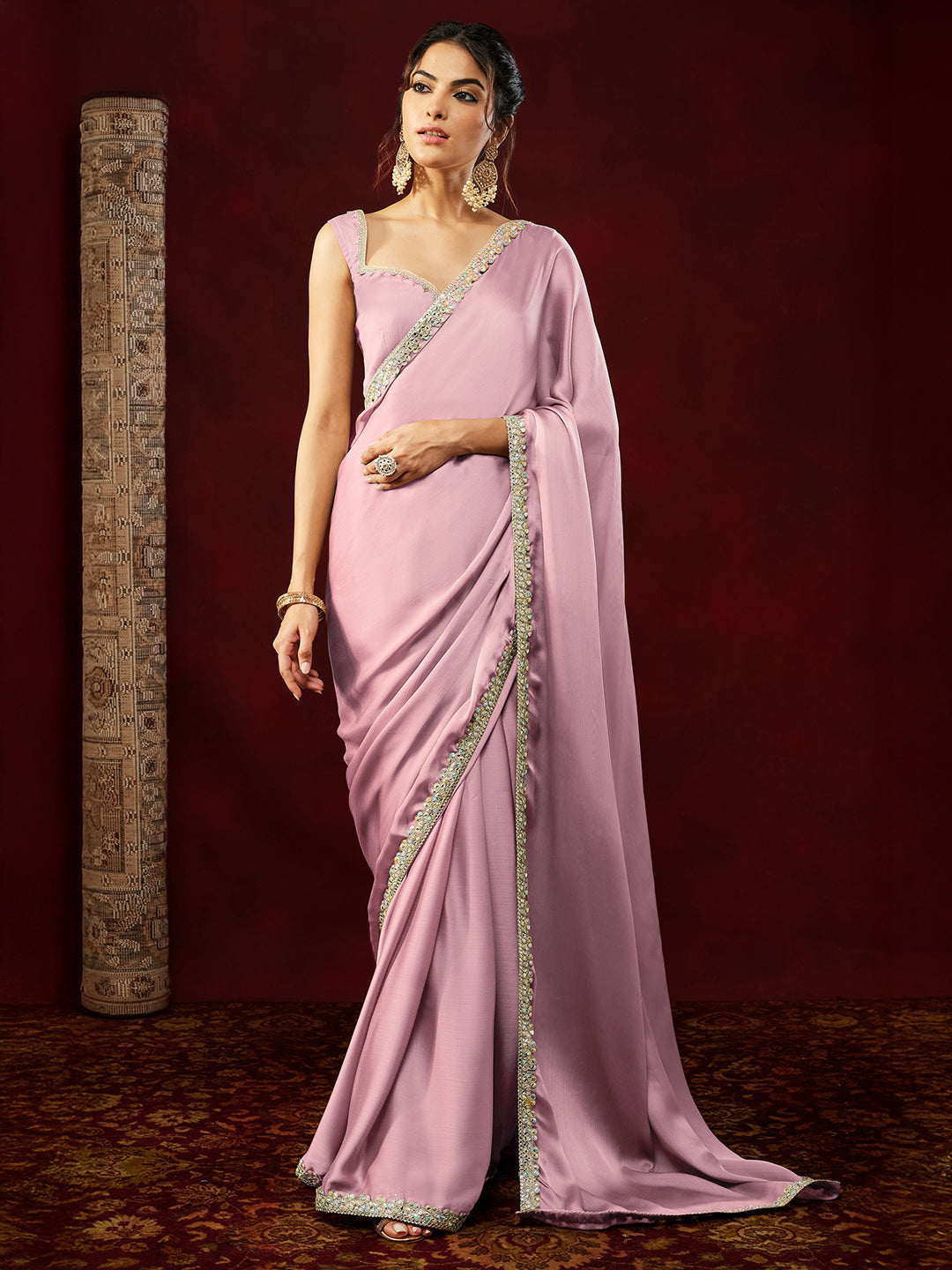 Ninnique Women's Powder Pink Silk Blend Ready To Wear Embellished Saree with Unstitched Blouse