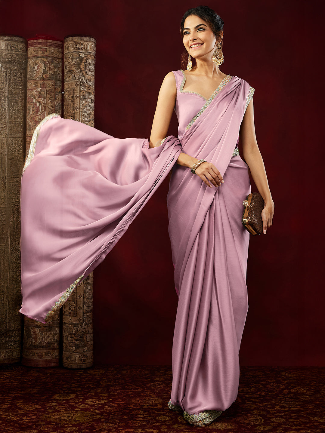 Ninnique Women's Powder Pink Silk Blend Ready To Wear Embellished Saree with Unstitched Blouse