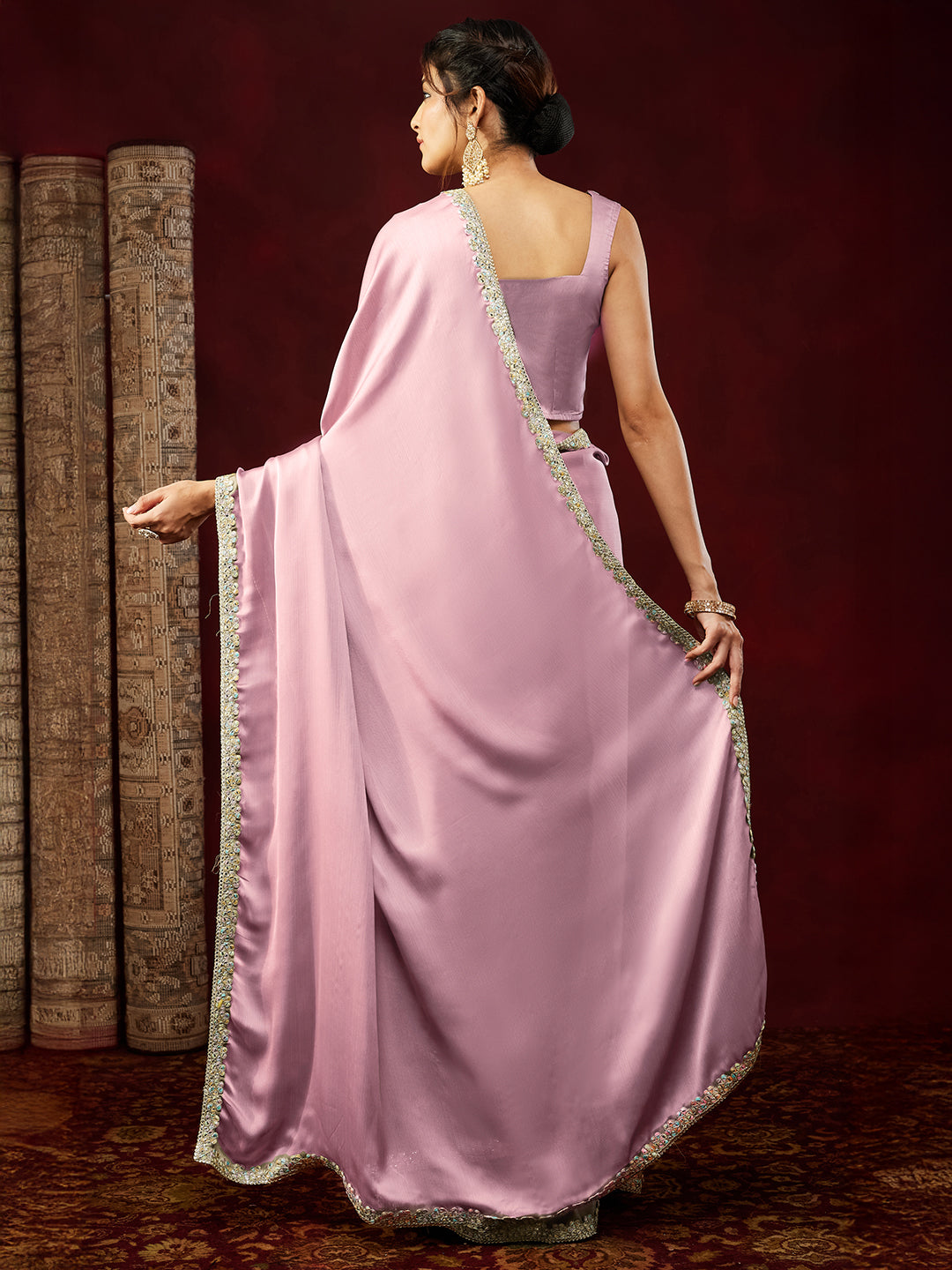 Ninnique Women's Powder Pink Silk Blend Ready To Wear Embellished Saree with Unstitched Blouse
