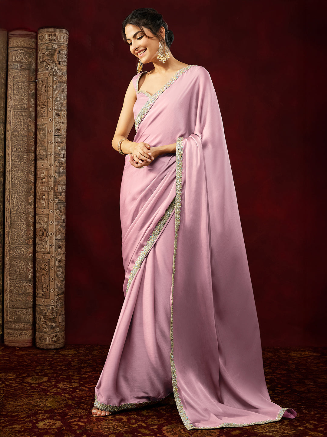 Ninnique Women's Powder Pink Silk Blend Ready To Wear Embellished Saree with Unstitched Blouse