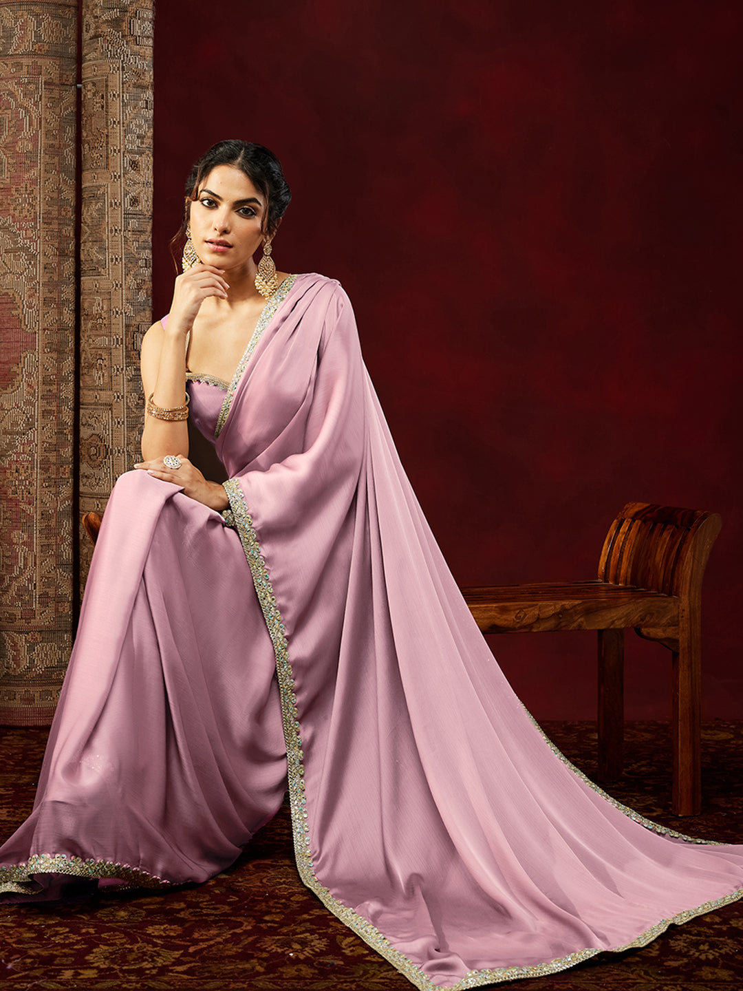 Ninnique Women's Powder Pink Silk Blend Ready To Wear Embellished Saree with Unstitched Blouse
