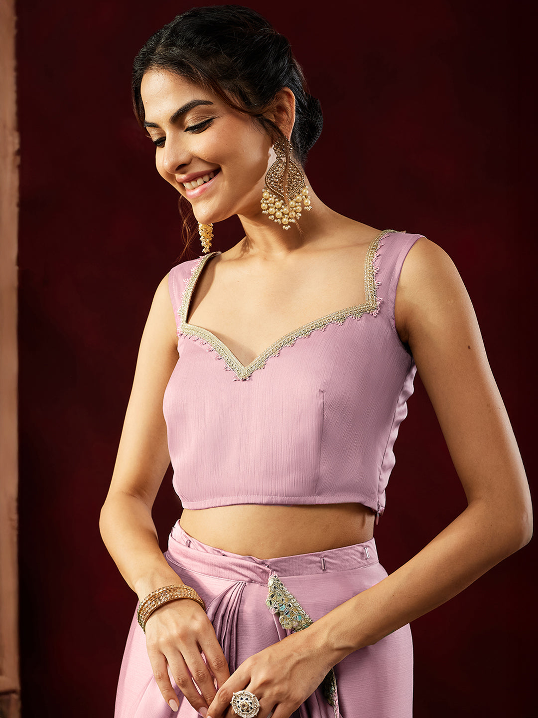 Ninnique Women's Powder Pink Silk Blend Ready To Wear Embellished Saree with Unstitched Blouse