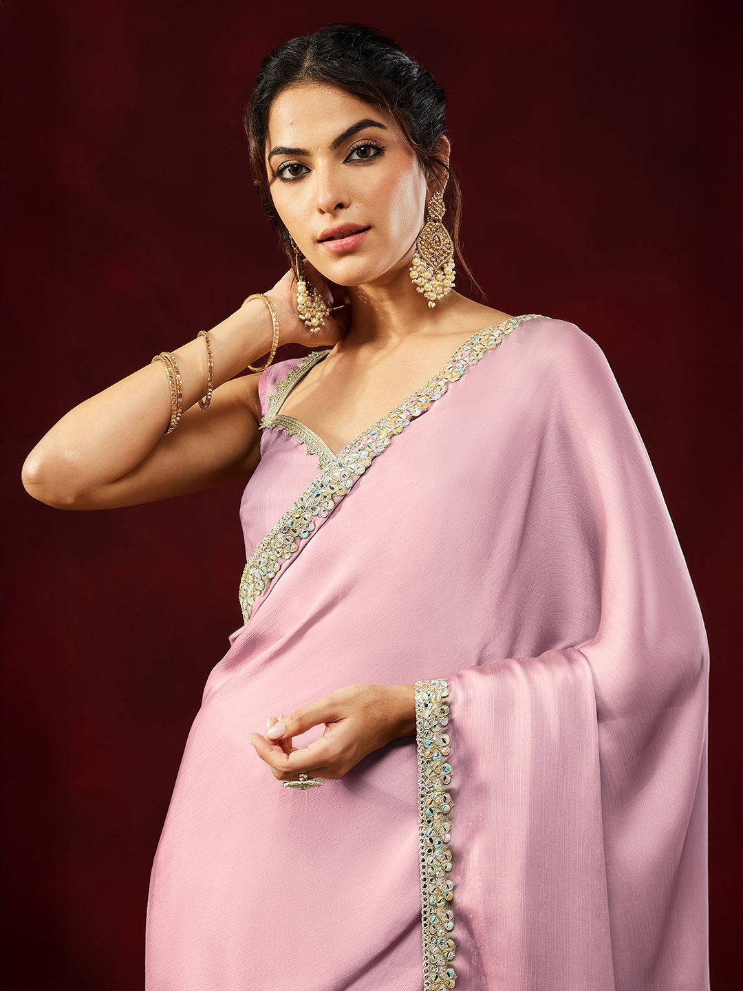 Ninnique Women's Powder Pink Silk Blend Ready To Wear Embellished Saree with Unstitched Blouse