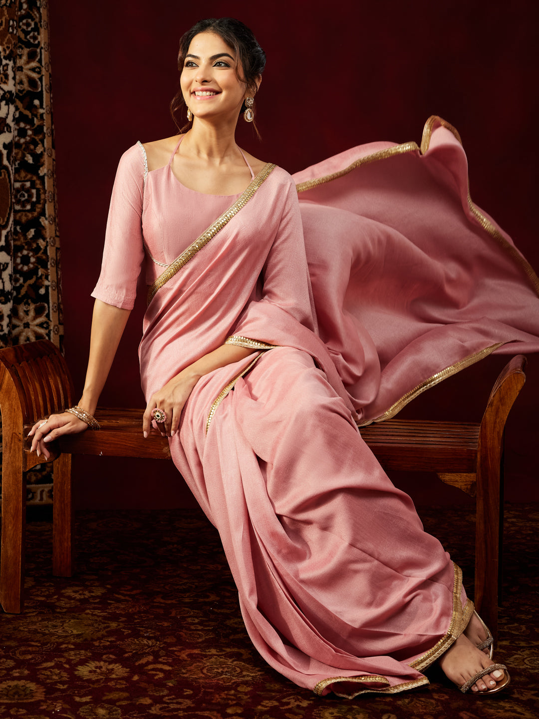 Ninnique Women's Pink Silk Blend Ready To Wear Embellished Saree with Unstitched Blouse