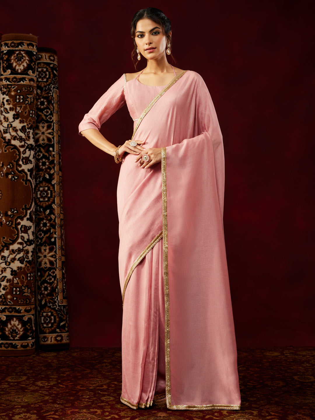 Ninnique Women's Pink Silk Blend Ready To Wear Embellished Saree with Unstitched Blouse