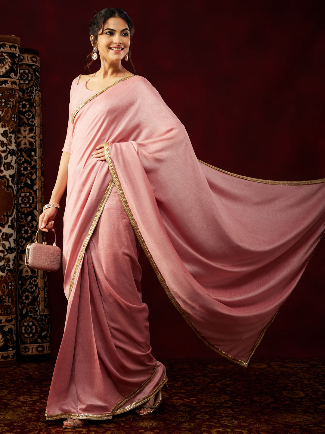 Ninnique Women's Pink Silk Blend Ready To Wear Embellished Saree with Unstitched Blouse