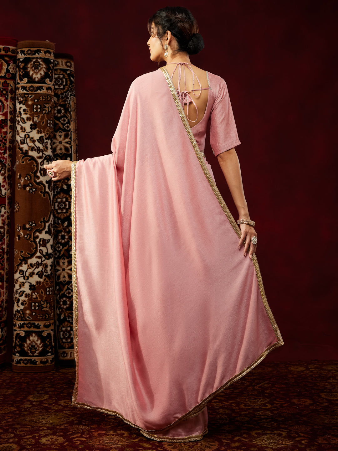 Ninnique Women's Pink Silk Blend Ready To Wear Embellished Saree with Unstitched Blouse