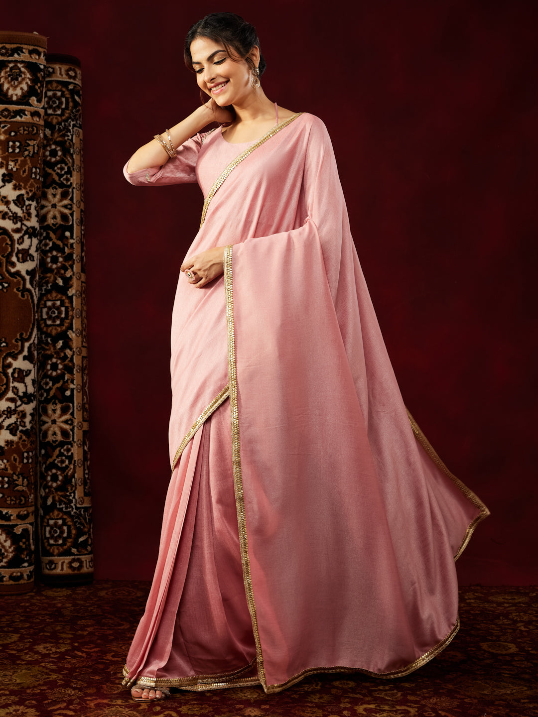 Ninnique Women's Pink Silk Blend Ready To Wear Embellished Saree with Unstitched Blouse